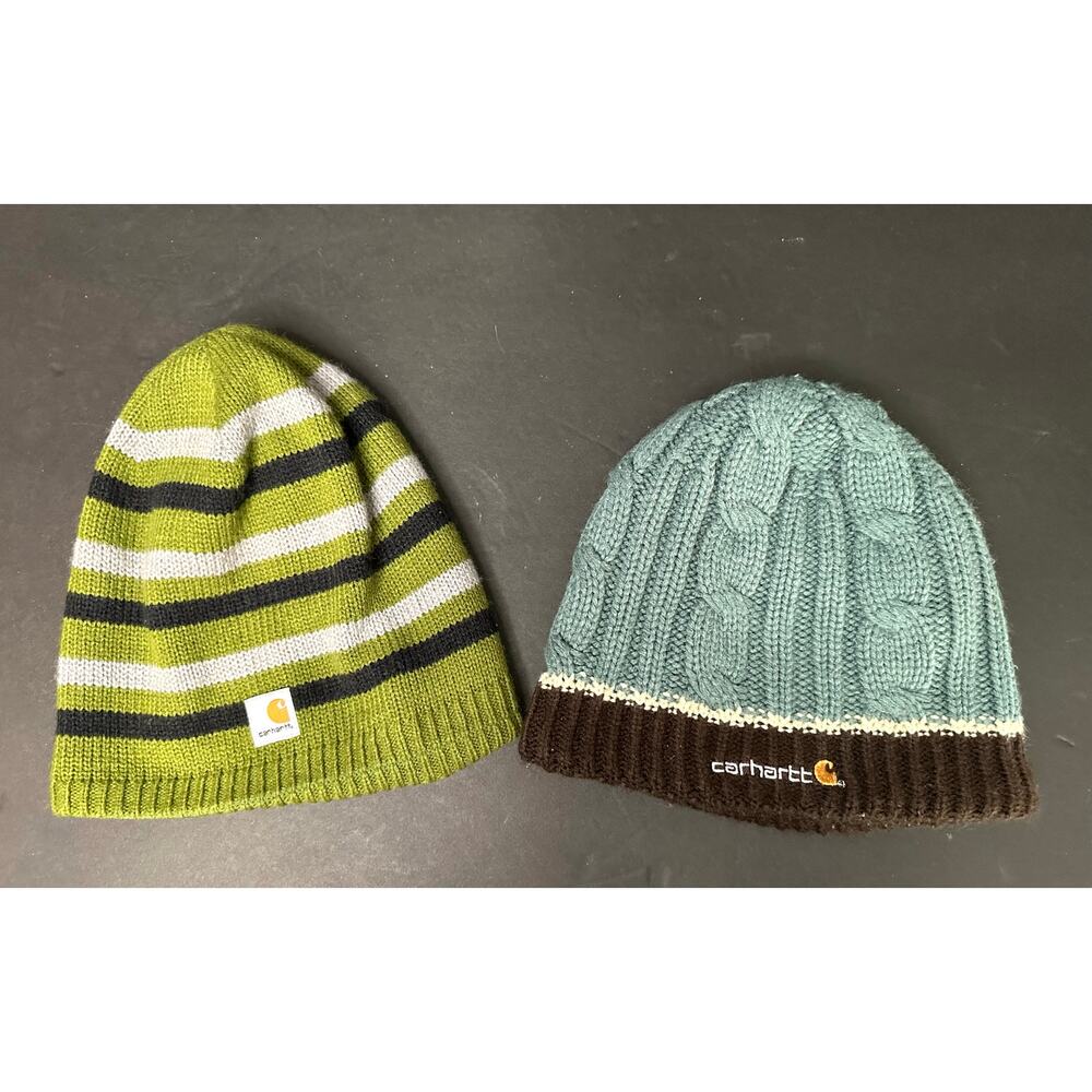 lot of 2^ Carhartt Beanie Fleece lined + Reversible Knit Cap Green Black Stripe